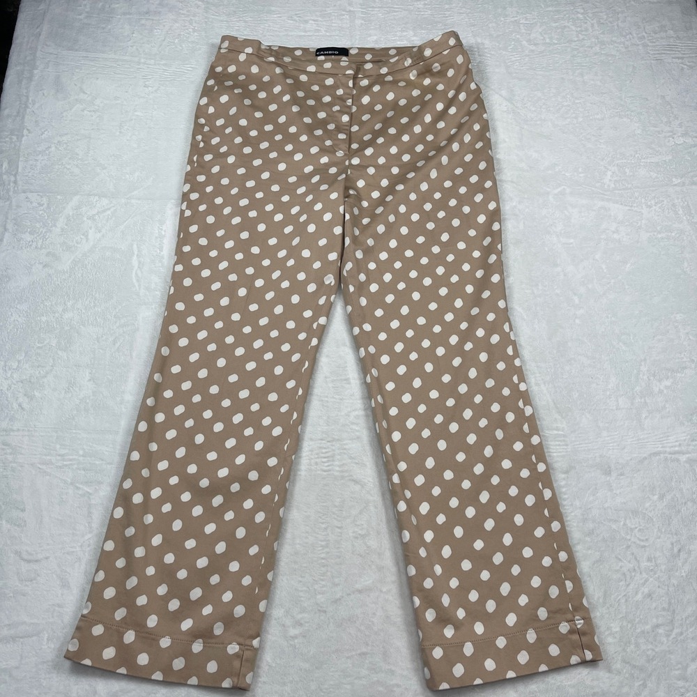 Cambio Kim Polka Dot Straight‎ Leg Pants Tan White Womens Size 14 High Rise 0706